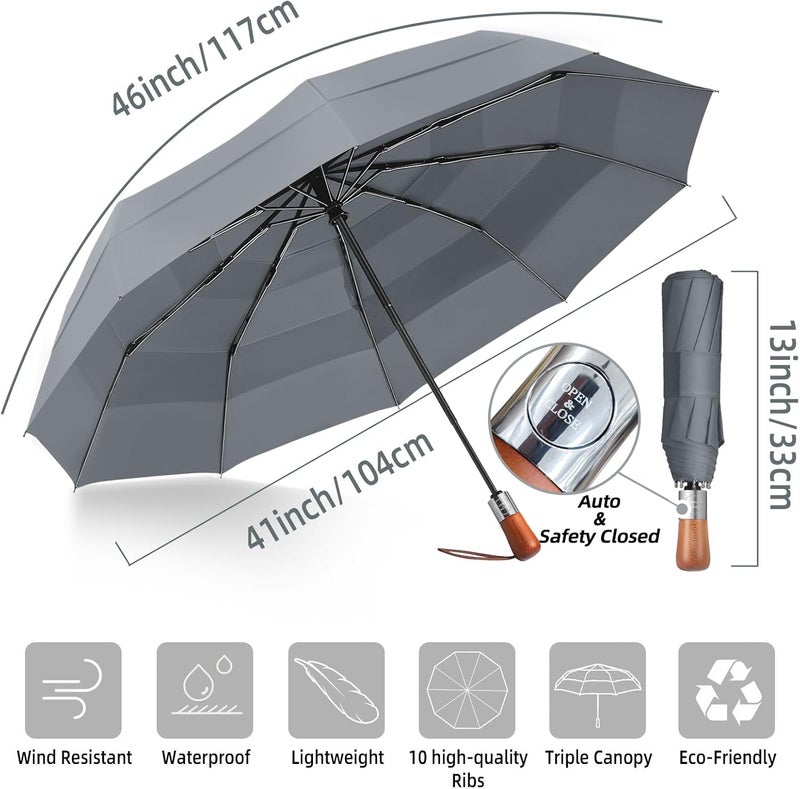 MasterUmbrella 3-Layer Vented Canopy Windproof Commuter Umbrella for Rain, Auto Open/Close, 10 Fiberglass Ribs, Wooden Handle, 13" Folded, 47" Large Coverage for 1–2 People, Lifetime Replacement - Image 3